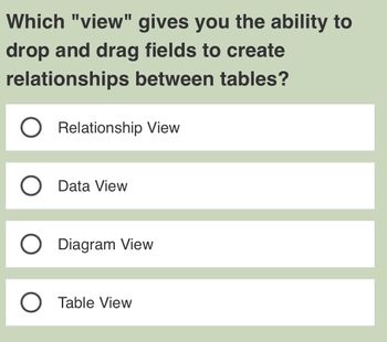 **Question:**

Which "view" gives you the ability to drop and drag fields to create relationships between tables?

**Options:**

- Relationship View
- Data View
- Diagram View
- Table View