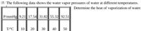 The following data shows the water vapor pressures of water at different temperatures.
Determine the heat of vaporization of water.
P/mmHg|| 9.21| 17.54|| 31.82|| 55.32|| 92.51
T/°C
10
20
30
40
50
