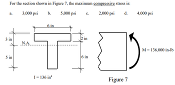 For the section shown in Figure 7, the maximum compressive stress is:
3,000 psi
b. 5,000 psi c.
2,000 psi d.
a.
3 in
5 in
N.A.
6 in
Ti
6 in
I= 136 in
2 in
Figure 7
4,000 psi
M = 136,000 in-lb