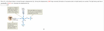 Mirror M₁ in the figure below is moved through a displacement AL. During this displacement, 248 fringe reversals (formation of successive dark or bright bands) are counted. The light being used has a
wavelength of 631.4 nm. Calculate the displacement AL.
μm
A single ray of light is
split into two rays by
mirror Mo, which is
called a beam splitter.
Telescope
As M₁ is moved, an
interference
pattern changes in
the field of view.
Light
source
L₂
M₂
Mo
4₁
The path difference between
the two rays is varied with the
adjustable mirror M₁.
M₁