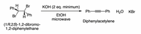 H
Ph
Br
KOH (2 eq. minimum)
Ph =
-Ph
H20 KBr
Ph
ELOH
microwave
Br
Diphenylacetylene
(1R,2S)-1,2-dibromo-
1,2-diphenylethane
エツ
