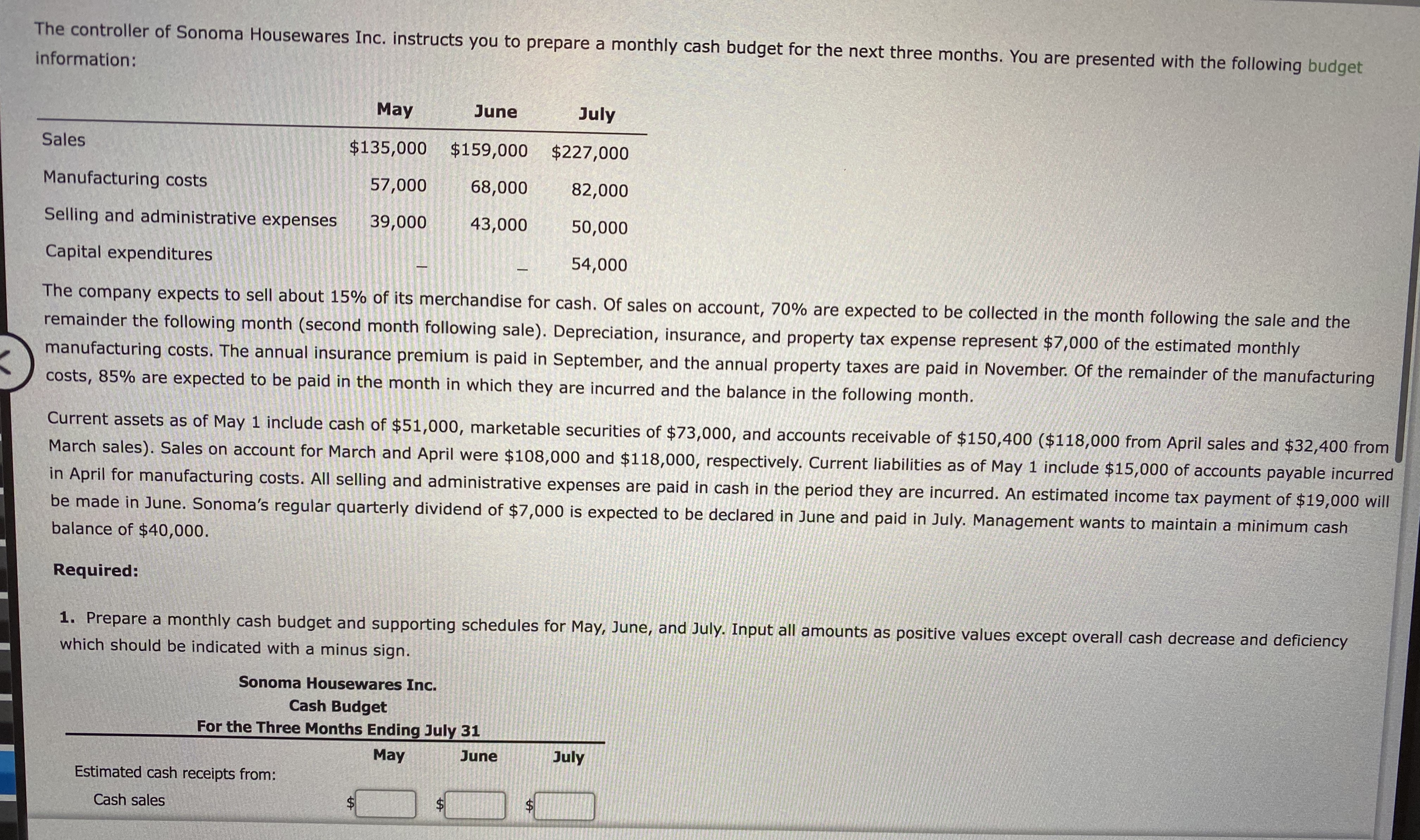 The controller of Sonoma Housewares Inc. instructs you to prepare a manthly cash budget for the next three months. You are presented with the following budget
information:
May
June
July
Sales
$135,000 $159,000
$227,000
Manufacturing costs
57,000
68,000
82,000
Selling and administrative expenses
39,000
43,000
50,000
Capital expenditures
54,000
The company expects to sell about 15% of its merchandise for cash. Of sales on account, 70% are expected to be coilected in the month following the sale and the
remainder the following month (second month following sale). Depreciation, insurance, and property tax expense represent $7,000 of the estimated monthly
manufacturing costs. The annual insurance premium is paid in September, and the annual property taxes are paid in November. Of the remainder of the manufacturing
costs, 85% are expected to be paid in the month in which they are incurred and the balance in the following month,
Current assets as of May 1 include cash of $51,000, marketable securities of $73,000, and accounts receivable of $150,400 ($118,000 from April sales and $32,400 from
March sales). Sales on account for March and April were $108,000 and Si18,000, respectively. Current liabilities as of May 1 include $15,000 of accounts payable incurred
In April for manufacturing costs. All selling and administrative expenses are paid in cash in the perlod they are incurred. An estimated income tax payment of $19,000 will
be made in June. Sonoma's regular quarterly dividend of $7,000 is expected to be declared In June and paid in July. Management wants to maintaln a minimum cash
balance of $40,000.
Required:
1. Prepare a monthly cash budget and supporting schedules for May, June, and July. Input all amounts as positive values except overall cash decrease and deficiency
which should be indicated with a minus sign.
