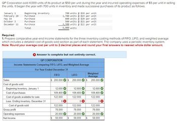 QP Corporation sold 4,000 units of its product at $50 per unit during the year and incurred operating expenses of $5 per unit in selling
the units. It began the year with 700 units in inventory and made successive purchases of its product as follows.
January 1
February 20
May 16
October 3
December 11
Beginning inventory
Purchase
Purchase
Purchase
Purchase
Total
Required:
1. Prepare comparative year-end income statements for the three inventory costing methods of FIFO, LIFO, and weighted average
which includes a detailed cost of goods sold section as part of each statement. The company uses a periodic inventory system.
Note: Round your average cost per unit to 2 decimal places and round your final answers to nearest whole dollar amount.
> Answer is complete but not entirely correct.
QP CORPORATION
Income Statements Comparing FIFO, LIFO, and Weighted Average
For Year Ended December 31
Sales
Cost of goods sold:
Beginning inventory, January 1
Cost of purchases
Cost of goods available for sale
Less: Ending inventory, December 31
Cost of goods sold
700 units @ $18 per unit
1,700 units @ $19 per unit
800 units @ $20 per unit
500 units @ $21 per unit
2,300 units @ $22 per unit
6,000 units
Gross profit
Operating expenses
Net income
$
FIFO
LIFO
$ 200,000 $ 200,000 $ 200,000✔
12,600✔
109,400✔
122,000
0x
122,000
78,000
20,000
58.000
$
12,600✔✓
109,400✔
122,000
0x
Weighted
Average
122,000
78,000
20,000✔
58,000
12,600✔
109,400✔
122,000
0x
122,000
78,000
20,000✔
$ 58,000