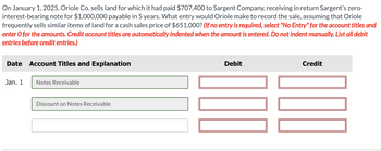 On January 1, 2025, Oriole Co. sells land for which it had paid $707,400 to Sargent Company, receiving in return Sargent's zero-
interest-bearing note for $1,000,000 payable in 5 years. What entry would Oriole make to record the sale, assuming that Oriole
frequently sells similar items of land for a cash sales price of $651,000? (If no entry is required, select "No Entry" for the account titles and
enter o for the amounts. Credit account titles are automatically indented when the amount is entered. Do not indent manually. List all debit
entries before credit entries.)
Date Account Titles and Explanation
Jan. 1
Notes Receivable
Discount on Notes Receivable
Debit
Credit