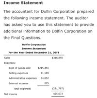 Income Statement
The accountant for Dolfin Corporation prepared
the following income statement. The auditor
has asked you to use this statement to provide
additional information to Dolfin Corporation on
the Final Questions.
Dolfin Corporation
Income Statement
For the Year Ended December 31, 20Y8
Sales
$316,840
Expenses:
Cost of goods sold
$215,451
Selling expenses
41,189
Administrative expenses
34,852
Interest expense
275
Total expenses
(291,767)
Net income
$25,073
