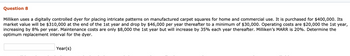 Question 8
Milliken uses a digitally controlled dyer for placing intricate patterns on manufactured carpet squares for home and commercial use. It is purchased for $400,000. Its
market value will be $310,000 at the end of the 1st year and drop by $46,000 per year thereafter to a minimum of $30,000. Operating costs are $20,000 the 1st year,
increasing by 8% per year. Maintenance costs are only $8,000 the 1st year but will increase by 35% each year thereafter. Milliken's MARR is 20%. Determine the
optimum replacement interval for the dyer.
Year(s)