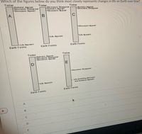Which of the figures below do you think most closely represents changes in life on Earth over time?
Today
Today
Humans Appear
FDinosaurs Bisa pp ear
Dinosaurs Appear
Today
Din os aurs Dis appe ar
FHumans Appear
FDin os aurs Áppear
Hu mans Appear
Dinosaurs Disappear
A
B
C
FDinosaurs Appear
Life Appears
Fufe Appears
-Life App ears
Earth Forms
Earth Forms
Earth Forms
Today
Today
Hum ans Appear
FDinosa urs Oisa ppear
FDinosa urs Appéar
Dinosaurs Disappear
Life (includ ing dinosaurs
and hu mans) Appears
FLife Appears
Earth Forms
Earth Forms
A
D
E
MacBook Air
