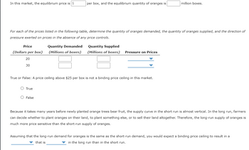 In this market, the equilibrium price is $
Price
(Dollars per box)
20
30
For each of the prices listed in the following table, determine the quantity of oranges demanded, the quantity of oranges supplied, and the direction of
pressure exerted on prices in the absence of any price controls.
O True
per box, and the equilibrium quantity of oranges is
Quantity Demanded
(Millions of boxes)
O False
True or False: A price ceiling above $25 per box is not a binding price ceiling in this market.
Quantity Supplied
(Millions of boxes) Pressure on Prices
million boxes.
Because it takes many years before newly planted orange trees bear fruit, the supply curve in the short run is almost vertical. In the long run, farmers
can decide whether to plant oranges on their land, to plant something else, or to sell their land altogether. Therefore, the long-run supply of oranges is
much more price sensitive than the short-run supply of oranges.
Assuming that the long-run demand for oranges is the same as the short-run demand, you would expect a binding price ceiling to result in a
in the long run than in the short run.
that is