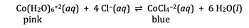 Co(HzO)6+2(aq) +
+ 4 Cl-(aq) = CoCl4-²(aq)
pink
blue
+ 6 H₂O(l)