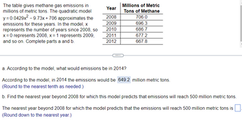 The table gives methane gas emissions in
millions of metric tons. The quadratic model
y = 0.0429x² - 9.73x + 706 approximates the
emissions for these years. In the model, x
represents the number of years since 2008, so
x = 0 represents 2008, x = 1 represents 2009,
and so on. Complete parts a and b.
Year
2008
2009
2010
2011
2012
Millions of Metric
Tons of Methane
706.0
696.3
686.7
677.2
667.8
a. According to the model, what would emissions be in 2014?
According to the model, in 2014 the emissions would be 649.2 million metric tons.
(Round to the nearest tenth as needed.)
b. Find the nearest year beyond 2008 for which this model predicts that emissions will reach 500 million metric tons.
The nearest year beyond 2008 for which the model predicts that the emissions will reach 500 million metric tons is
(Round down to the nearest year.)