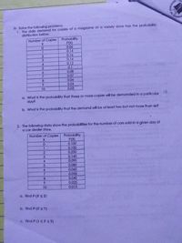I- Solve the folowing problems.
1. The daily demand for copies of a magazine at a variety store has the probability
distribution below.
Number of Copies Probability
P(X)
0.06
0.14
0.16
0.14
0.12
0.1
0.08
4.
7.
0.07
0.06
0.04
0.03
8.
6.
10
a. What is the probability that three or more copies will be demanded in a particular
day
b. What is the probablity that the demand will be at least two but not more than six?
2 The following data show the probabilities for the number of cars sold in a given day at
a car dealer store.
Number of Copies Probability
P(X)
0.100
0.150
0.250
0.140
0.090
0.080
0.060
0.050
0.040
0.025
0.015
3.
4.
6.
8.
10
a. Find P (X s 2)
b. Find P (X 27)
c. Find P(1SXS 5)
