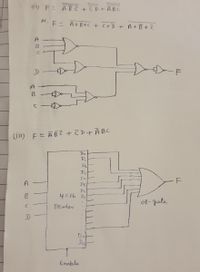 ri i) F= Ā B + E D + ĀBC
oY,
F= A+B+c + C+D + A+B+C
DaF
(1) F= ABC + č D+ ĀBC
Do
D,
Dy
D3
Dy
A
DS
DC
B
4X16 D7
OR- Jate
Decuder
DIY
Dist
Enable
