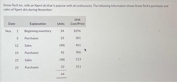 Snow-Tech Inc. sells an Xpert ski that is popular with ski enthusiasts. The following information shows Snow-Tech's purchases and
sales of Xpert skis during November:
Date
Nov.
1 Beginning inventory
5
12
19
22
Explanation
25
Purchases
Sales
Purchases
Sales
Purchases
Unit
Units Cost/Price
$296
301
34
23
(40)
42
(48)
33
44
461
306
513
311