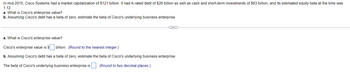 In mid-2015, Cisco Systems had a market capitalization of $121 billion. It had A-rated debt of $26 billion as well as cash and short-term investments of $63 billion, and its estimated equity beta at the time was
1.12.
a. What is Cisco's enterprise value?
b. Assuming Cisco's debt has a beta of zero, estimate the beta of Cisco's underlying business enterprise.
a. What is Cisco's enterprise value?
Cisco's enterprise value is $ billion. (Round to the nearest integer.)
b. Assuming Cisco's debt has a beta of zero, estimate the beta of Cisco's underlying business enterprise.
The beta of Cisco's underlying business enterprise is
(Round to two decimal places.)