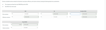 Conduct a detailed variance analysis for all product costs (price, efficiency, and volume variances), taking the following details into consideration.
●
The company purchased and used 268,320 pounds of DM.
36,120 DL hours were used.
Price variance
Efficiency variance
Price variance
Volume variance
$
$
$
$
21528
DM
Favorable
Unfavorable
Fixed-MOH
Unfavorable
Favorable
$
DL
Unfavorable
Favorable
$
$
Variable-MOH
Unfavorable
Unfavorable