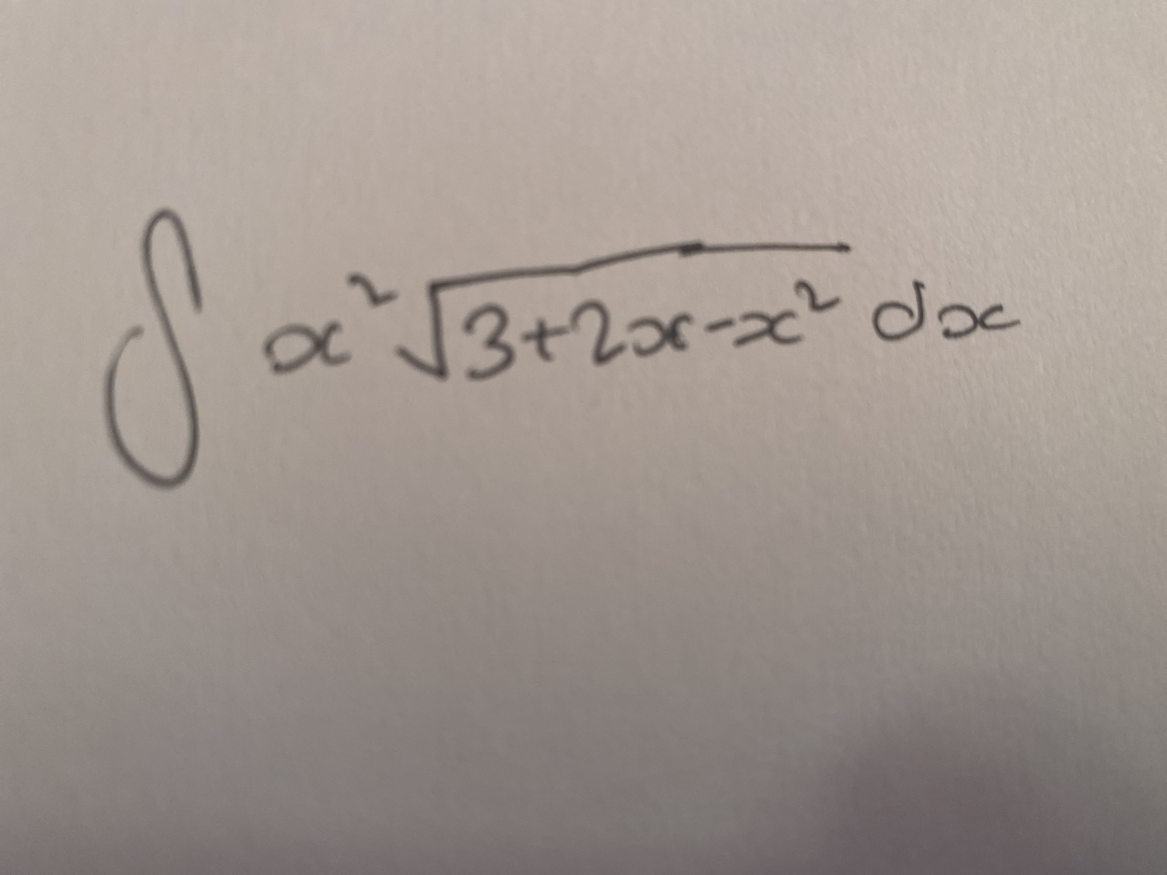 The image shows an integral expression as follows:

\[
\int \frac{x^2}{\sqrt{3 + 2x - x^2}} \, dx
\]

This is an integration problem where the integrand is a rational function with a square root in the denominator. The integral involves an algebraic expression in the form of a fraction, with the numerator being \(x^2\) and the denominator as the square root of \(3 + 2x - x^2\).