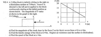 WE-4 A 3.00kg block is initially sliding to the right on
a frictionless surface at 7.00m/s. Force P is
directed to the left and is applied to the block
continuously starting at the initial position as
shown below. The magnitude of P varies
as shown in the graph to the right.
V=7.00m/s
y,
P
P (N)
20
15
10
5
0
0
1 2
X
3 4 (m)
a) Find the magnitude of the work done by the force P as the block moves from x-0 to x=4m.
b) Find the kinetic energy of the block at x=4m. Neglect air resistance (and the surface is frictionless).
c) Find the speed of the block at x-4m.