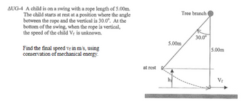 AUG-4 A child is on a swing with a rope length of 5.00m.
The child starts at rest at a position where the angle
between the rope and the vertical is 30.0°. At the
bottom of the swing, when the rope is vertical,
the speed of the child V is unknown.
Find the final speed vf in m/s, using
conservation of mechanical energy.
at rest
Tree branch
5.00m
30.0⁰
5.00m
V₁