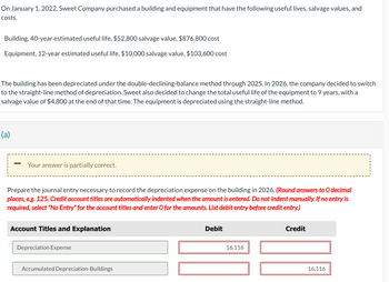 On January 1, 2022, Sweet Company purchased a building and equipment that have the following useful lives, salvage values, and
costs.
Building, 40-year estimated useful life, $52,800 salvage value, $876,800 cost
Equipment, 12-year estimated useful life, $10,000 salvage value, $103,600 cost
The building has been depreciated under the double-declining-balance method through 2025. In 2026, the company decided to switch
to the straight-line method of depreciation. Sweet also decided to change the total useful life of the equipment to 9 years, with a
salvage value of $4,800 at the end of that time. The equipment is depreciated using the straight-line method.
(a)
Your answer is partially correct.
Prepare the journal entry necessary to record the depreciation expense on the building in 2026. (Round answers to O decimal
places, e.g. 125. Credit account titles are automatically indented when the amount is entered. Do not indent manually. If no entry is
required, select "No Entry" for the account titles and enter O for the amounts. List debit entry before credit entry.)
Account Titles and Explanation
Depreciation Expense
Accumulated Depreciation-Buildings
Debit
16,116
Credit
16,116