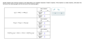 Decide whether each chemical reaction in the table below is an oxidation-reduction ("redox") reaction. If the reaction is a redox reaction, write down the
formula of the reducing agent and the formula of the oxidizing agent.
S (s) + 4Pb (s) 4PbS₂ (s)
2N₂(g) + 50₂(g) → 2N₂O5 (g)
3Cr(NO3)₂(aq) + 2Al(s) → 3Cr(s) + 2A1(NO3)2(aq)
redox reaction?
yes
reducing
agent:
oxidizing 0
agent:
redox reaction?
O yes
reducing
agent:
oxidizing
agent:
O yes
1
redox reaction?
||
oxidizing
agent:
reducing 1
agent:
no
no
no
X
On