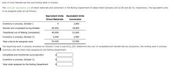 Cost of Units Transferred Out and Ending Work in Process
The costs per equivalent unit of direct materials and conversion in the Rolling Department of Jabari Steel Company are $2.80 and $0.70, respectively. The equivalent units
to be assigned costs are as follows:
Inventory in process, October 1
Started and completed during October
Transferred out of Rolling (completed)
Inventory in process, October 31
Total units to be assigned costs
Equivalent Units
Direct Materials
0
49,000
49,000
5,000
54,000
$
Equivalent Units
Conversion
2,000
49,000
51,000
2,000
53,000
The beginning work in process inventory on October 1 had a cost of $1,220. Determine the cost of completed and transferred-out production, the ending work in process
inventory, and the total costs assigned by the Rolling Department.
Completed and transferred-out production
Inventory in process, October 31
Total costs assigned by the Rolling Department