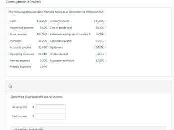 Current Attempt in Progress
The following data was taken from the books as at December 31 of Blossom Inc.:
Cash
Income tax expense
Sales revenue
Inventory
Accounts payable
Operating expenses
Interest expense
Prepaid expenses
(a)
Determine the gross profit and net income.
Gross profit
Net Income
$14,400
Common shares
$15,000
5,600 Cost of goods sold
58,200
107,300 Retained earnings (as of January 1) 78,900
31,200 Bank loan payable
51.550
32,450 Equipment
130,000
24,810 Dividends paid
4,550
3,300 Accounts receivable
12,050
1,090
$
eTextbook and Media