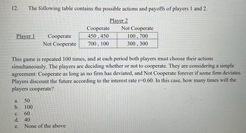 12. The following table contains the possible actions and payoffs of players 1 and 2.
Player 1
a. 50
b.
Cooperate
Not Cooperate
C.
d.
e.
Player 2
This game is repeated 100 times, and at each period both players must choose their actions
simultaneously. The players are deciding whether or not to cooperate. They are considering a simple
agreement: Cooperate as long as no firm has deviated, and Not Cooperate forever if some firm deviates.
Players discount the future according to the interest rate r=0.60. In this case, how many times will the
players cooperate?
100
60
40
None of the above
Cooperate
450, 450
700, 100
Not Cooperate
100, 700
300, 300