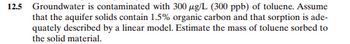 12.5 Groundwater is contaminated with 300 µg/L (300 ppb) of toluene. Assume
that the aquifer solids contain 1.5% organic carbon and that sorption is ade-
quately described by a linear model. Estimate the mass of toluene sorbed to
the solid material.