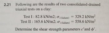 2.21 Following are the results of two consolidated-drained
triaxial tests on a clay:
Test I: 82.8 kN/m2; 1(failure) = 329.2 kN/m²
Test II: 165.6 kN/m2; 01 (failure) = 558.6 kN/m²
Determine the shear strength parameters c' and '.