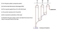 R1
R2
R3
P) For the given pulleys compound system :
(a) Find the Ideal Mechanical Advantage (IMA)
(b) The required applied force (F) to lift 450 N load
F: Applied load
(c) The anchor reactions (R1, R2 and R3)
(d) the movement acceleration of the load
(e) Resketch the given pulleys system and label the tension force
value in each part (line) of the rope.
450 N
Compound Systems
