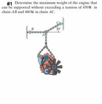 #1 Determine the maximum weight of the engine that
can be supported without exceeding a tension of 450N in
chain AB and 480 N in chain AC.
B
30°
po...