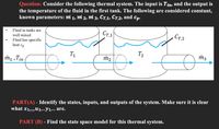 Question: Consider the following thermal system. The input is Tin, and the output is
the temperature of the fluid in the first tank. The following are considered constant,
known parameters: mi 1, mi 2, mi 3, CT,1, CT,2, and
Cp.
Fluid in tanks are
Ст1
CT,2
well mixed
Fluid has specific
heat Cp
T1
T2
ṁ, , Tin
PART(A) - Identify the states, inputs, and outputs of the system. Make sure it is clear
what x1,...,u1...y1,... are.
PART (B) - Find the state space model for this thermal system.
