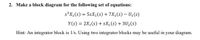 2. Make a block diagram for the following set of equations:
s²X1(s) = 5sX1(s) + 7X1(s) – U1(s)
Y (s) = 2X,(s) + sX,(s) + 3U2(s)
Hint: An integrator block is 1/s. Using two integrator blocks may be useful in your diagram.
