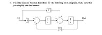 1. Find the transfer function Z(s)/F(s) for the following block diagram. Make sure that
you simplify the final answer.
2
F(s)
+
Z(s)
S
3
