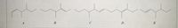 The image is a chemical structure diagram, presenting a series of isoprene units linked together. This is a representation of polyisoprene, a polymer made up of repeating isoprene (C5H8) units, which is the main component of natural rubber and various synthetic rubbers.

- **Units Labeled A, B, C, D, E:** 
   - Each unit represents an isoprene monomer linked together in a head-to-tail configuration.
   - The repeating units demonstrate the polymerization process where the double bonds in isoprene open up to form long chains.

- **Structure Details:**
   - The backbone appears jagged, reflecting the combination of carbon and hydrogen atoms forming the chain.
   - Vertical lines from each intersection point (representing carbon atoms) indicate bonds connecting hydrogen atoms or continuation of the polymer chain.

- **Notation:**
   - The diagram illustrates the linear arrangement of the units, displaying a common structural feature in natural polymers.

This structure is fundamental to understanding how isoprene forms polymers that have significant industrial applications, particularly in the manufacture of tires and other elastic materials.