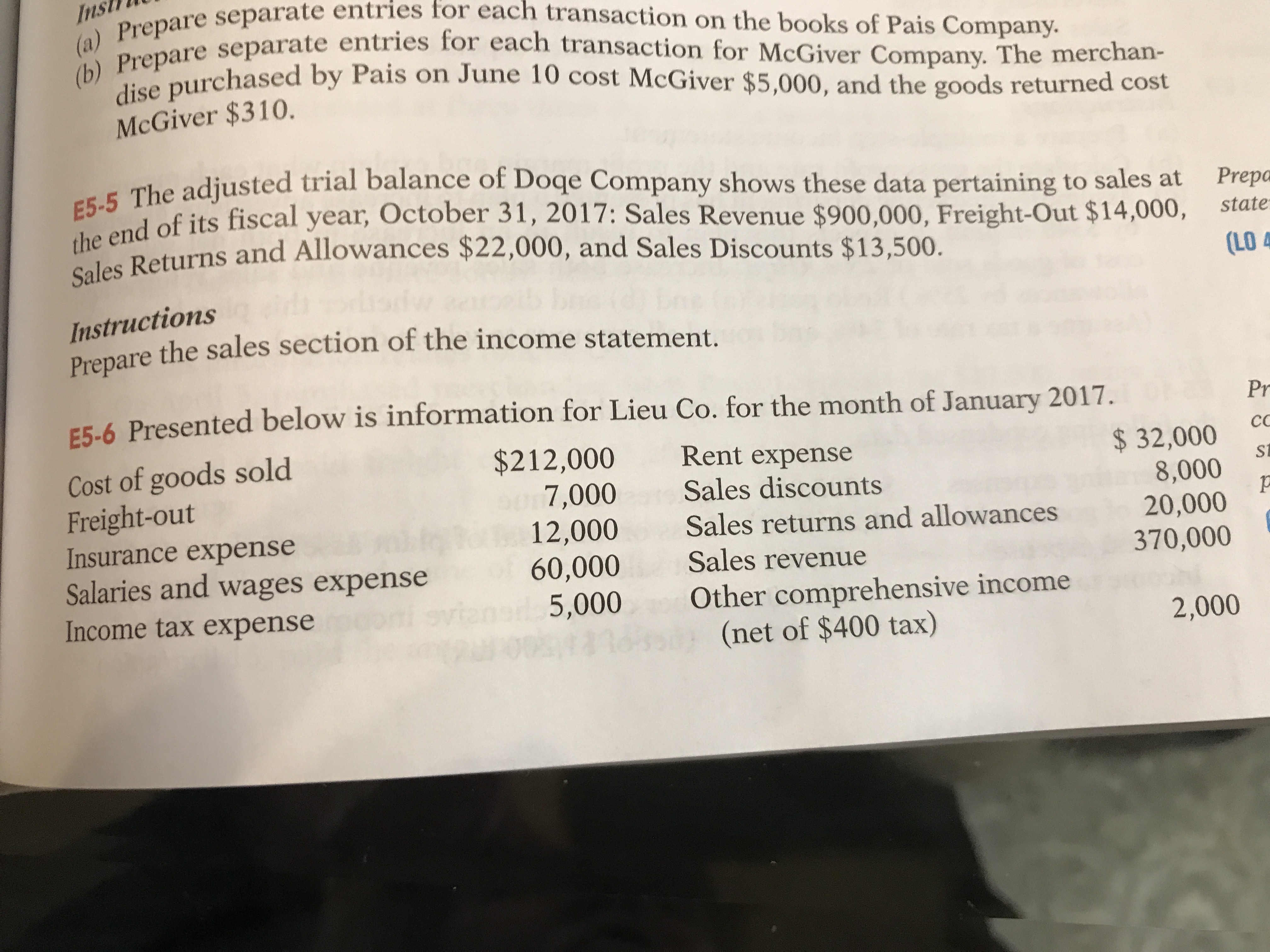 (a) Prepare separate entries for each transaction on the books of Pais Company.
dise purchased by Pais on June 10 cost McGiver $5,000, and the goods returned cost
Insti
McGiver $310.
E5-5 The adjusted trial balance of Doqe Company shows these data pertaining to sales at
the end of its fiscal year, October 31, 2017: Sales Revenue $900,000, Freight-Out $14,000,
Sales Returns and Allowances $22,000, and Sales Discounts $13,500.
Prepa
state
(LO 4
Instructions
Prepare the sales section of the income statement.
E5-6 Presented below is information for Lieu Co. for the month of January 2017.
Pr
Cost of goods sold
Freight-out
Insurance expense
Salaries and wages expense
$212,000
7,000
12,000
60,000
5,000
Rent expense
$ 32,000
St
8,000
20,000
370,000
Sales discounts
Sales returns and allowances
Sales revenue
Other comprehensive income
(net of $400 tax)
Income tax expense
i svta
2,000
