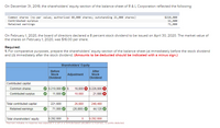 On December 31, 2019, the shareholders' equity section of the balance sheet of R & L Corporation reflected the following:
Common shares (no-par value; authorized 60,000 shares; outstanding 21,000 shares)
Contributed surplus
Retained earnings
$210,000
11,600
71,000
On February 1, 2020, the board of directors declared a 8 percent stock dividend to be issued on April 30, 2020. The market value of
the shares on February 1, 2020, was $16.00 per share.
Required:
1. For comparative purposes, prepare the shareholders' equity section of the balance sheet (a) immediately before the stock dividend
and (b) immediately after the stock dividend. (Amounts to be deducted should be indicated with a minus sign.)
Shareholders' Equity
Before
Stock
Dividend
After
Stock
Dividend
Adjustment
Contributed capital
$ 210,000
16,800 O s 226,800 8
Common shares
Contributed surplus
11,600
10,080
21,680 O
Total contributed capital
221,600
26,880
248,480
Retained earnings
71,000
(26,880)
44,120
Total shareholders' equity
S 292,600
$ 292,600
*Red text indicates no response was expected in a cell or a formula-based calculation is incorrect; no points deducted.
