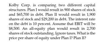 Kolby Corp. is comparing two different capital
structures. Plan I would result in 900 shares of stock
and $65,700 in debt. Plan II would result in 1,900
shares of stock and $29,200 in debt. The interest rate
on the debt is 10 percent. Assume that EBIT will be
$8,500. An all-equity plan would result in 2,700
shares of stock outstanding. Ignore taxes. What is the
price per share of equity under Plan I? Plan II?