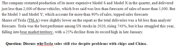 The company restarted production of its more expensive Model S and Model X in the quarter, and delivered
just less than 2,000 of those vehicles, which Ives said was less than forecasts of sales of more than 5,000. But
the Model 3 and Model Y, which account for more than 90% of sales, topped sales forecasts
Shares of Tesla (TSLA) were slightly lower on the report as the total deliveries was a bit less than analysts'
forecasts. Tesla was the best performer among US stocks in 2020, rising 743%, but it has struggled this year,
falling into bear market territory, with a 25% decline from its record high in late January.
Question: Discuss why Tesla sales still rise despite problems with chips and China.