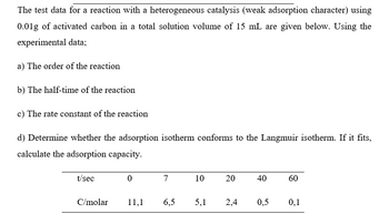 The test data for a reaction with a heterogeneous catalysis (weak adsorption character) using
0.01g of activated carbon in a total solution volume of 15 mL are given below. Using the
experimental data;
a) The order of the reaction
b) The half-time of the reaction
c) The rate constant of the reaction
d) Determine whether the adsorption isotherm conforms to the Langmuir isotherm. If it fits,
calculate the adsorption capacity.
t/sec
C/molar
0
11,1
7
6,5
10
5,1
20
2,4
40
0,5
60
0,1