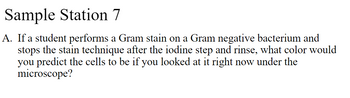 Sample Station 7
A. If a student performs a Gram stain on a Gram negative bacterium and
stops the stain technique after the iodine step and rinse, what color would
you predict the cells to be if you looked at it right now under the
microscope?