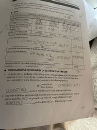 Vinegar?
required to neutralize the acetic acid in each sample of vinegar,
16. Complete the calculations to find the molarity and percentage of acetic acid in vinegar.
Convert the average volume of NaOH required to reach endpoint from mL to L
Average volume of NaOH required to reach endpoint in mL
15. Subtract the initial volume from the final volume to calculate the volume of NaOH
I DATA
269
12.55
TITRATION DATA (REPORT YOUR VOLUMES TO 1/100TH MI
TRIAL 1
TRIAL 2
Initial base buret reading
Final base buret reading
Volume of sodium hydroxide
(NaOH) required to reach
endpoint in mL
Volume of vinegar used
O15
12.55
TRIAL 3
12:55
24.11
EXTRA TRIAL
24.11
35.39
11.78
12.05
11.56
15.00 mL
15.00 mL
15.00 mL
15.00 mL
(Show calculations here.)
12.05711-56+1178
-27.54
27.54ML
(Show calculations here.)
a7.54ML X IL
0-02754L
:0.02754L
nd bon
1600
Molarity of NAOH (recorded from the standard solution bottle)
0.1
I CALCULATIONS FOR MOLARITY OF ACETIC ACID IN VINEGAR
1. Using the known molarity of NaOH(aq) and the average volume of NaOH(aq) in liters O1=
required to reach the endpoint, calculate the moles of NaOH used in the titration. Show
your calculations using dimensional analysis or the following equation:
moles of NAOH CỢ.Ô2754L X 0. /
M =
Liters of solution
6-002754
2. Since the acid/base mole ratio is 1:1 for this neutralization reaction, how many moles of
acetic acid (HC,H;O,) are present in a 15.00 mL sample of diluted vinegar?
0.002754
moles of NaOH used to reach endpoint of titration
moles of HC,H,02 in diluted vinegar sample
K-11
Nowimuc
