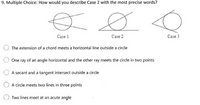 9. Multiple Choice: How would you describe Case 2 with the most precise words?
Case 1
Case 2
Case 3
The extension of a chord meets a horizontal line outside a circle
One ray of an angle horizontal and the other ray meets the circle in two points
A secant and a tangent intersect outside a circle
O A circle meets two lines in three points
Two lines meet at an acute angle
