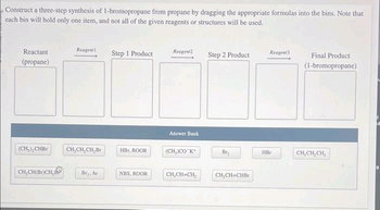 Construct a three-step synthesis of 1-bromopropane from propane by dragging the appropriate formulas into the bins. Note that
each bin will hold only one item, and not all of the given reagents or structures will be used.
Reactant
(propane)
(CH₂)₂CHBr
CH,CH(Br)CH,B
Reagent
CH₂CH₂CH₂Br
Br₂, hu
Step 1 Product
HBF, ROOR
NBS, ROOR
Reagent2
Answer Bank
(CH,)CO K+
CH₂CH=CH₂
Step 2 Product
Br₂
CH,CH=CHBr
Reagent3
HBr
Final Product
(1-bromopropane)
CH, CH₂CH,
..