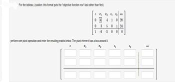 For the tableau, (caution: this format puts the "objective function row" last rather than first)
2 1 2
81 82 RHS
4 1 0 20
501 24
1 -6 -5 0 0 0
0
لها من
3
perform one pivot operation and enter the resulting matrix below. The pivot element has a box around it.
2
X1
X2
81
82
RHS