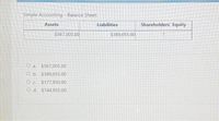 Simple Accounting – Balance Sheet.
Assets
Liabilities
Shareholders' Equity
$567,005.00
$389,055.00
O a. $567,005.00
O b. $389,055.00
O c. $177,950.00
O d. $744,955.00
