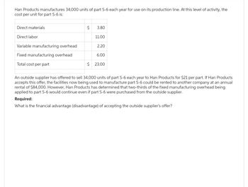 Han Products manufactures 34,000 units of part S-6 each year for use on its production line. At this level of activity, the
cost per unit for part S-6 is:
Direct materials.
Direct labor
Variable manufacturing overhead
Fixed manufacturing overhead
Total cost per part
$
3.80
11.00
2.20
6.00
$ 23.00
An outside supplier has offered to sell 34,000 units of part S-6 each year to Han Products for $21 per part. If Han Products
accepts this offer, the facilities now being used to manufacture part S-6 could be rented to another company at an annual
rental of $84,000. However, Han Products has determined that two-thirds of the fixed manufacturing overhead being
applied to part S-6 would continue even if part S-6 were purchased from the outside supplier.
Required:
What is the financial advantage (disadvantage) of accepting the outside supplier's offer?