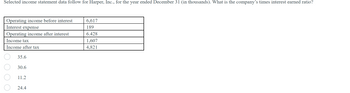 Selected income statement data follow for Harper, Inc., for the year ended December 31 (in thousands). What is the company's times interest earned ratio?
Operating income before interest
Interest expense
Operating income after interest
Income tax
Income after tax
35.6
30.6
11.2
24.4
6,617
189
6.428
1,607
4,821