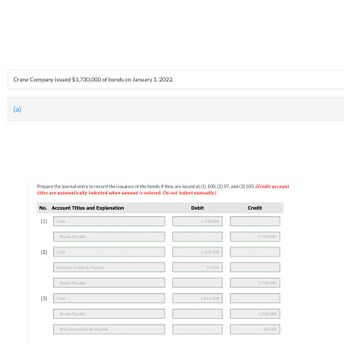 Crane Company issued $1,730,000 of bonds on January 1, 2022.
(a)
Prepare the journal entry to record the issuance of the bonds if they are issued at (1) 100, (2) 97, and (3) 105. (Credit account
titles are automatically indented when amount is entered. Do not indent manually.)
No. Account Titles and Explanation
(1)
(2)
(3)
Cash
Bonds Payable
Cash
Discount on Bonds Payable
Bonds Payable
Cash
Bonds Payable
Premium on Bonds Payable
Debit
1,730,000
1,678,100
51,900
1,816,500
Credit
1,730,000
1,730,000
1,730,000
86,500