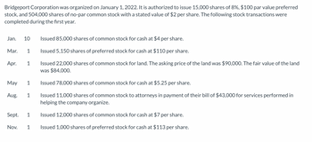 Bridgeport Corporation was organized on January 1, 2022. It is authorized to issue 15,000 shares of 8%, $100 par value preferred
stock, and 504,000 shares of no-par common stock with a stated value of $2 per share. The following stock transactions were
completed during the first year.
Jan. 10 Issued 85,000 shares of common stock for cash at $4 per share.
Issued 5,150 shares of preferred stock for cash at $110 per share.
Issued 22,000 shares of common stock for land. The asking price of the land was $90,000. The fair value of the land
was $84,000.
Mar. 1
Apr.
May
Aug.
Sept.
Nov.
1
Issued 78,000 shares of common stock for cash at $5.25 per share.
Issued 11,000 shares of common stock to attorneys in payment of their bill of $43,000 for services performed in
helping the company organize.
Issued 12,000 shares of common stock for cash at $7 per share.
1 Issued 1,000 shares of preferred stock for cash at $113 per share.
1
1
1